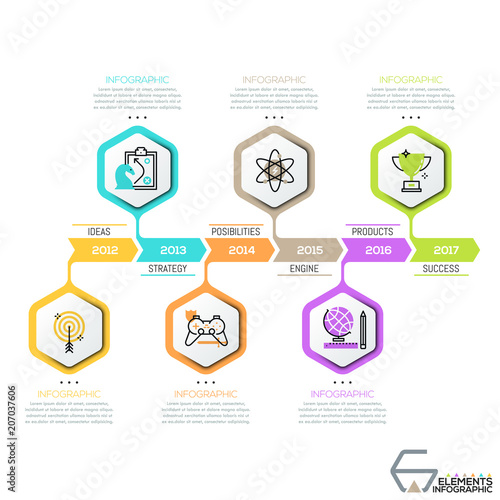 Horizontal timeline, 6 hexagons with thin line icons