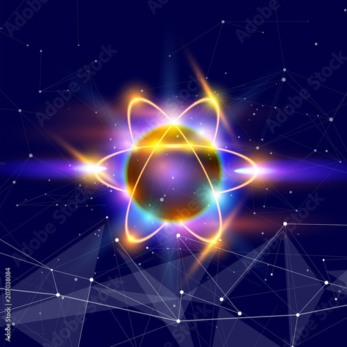 atom - a symbolic image of an elementary particle against a background of deep space with stars & constellations. In the foreground - a digital information wave, symbolizing big data