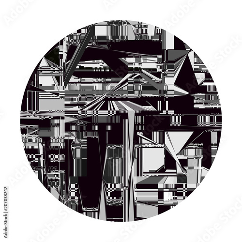 Glitch background. Screen error poster. Simple vector design. Digital pixel noise abstract circle. Device signal fail. Gadget data decay. Monitor technical problem.