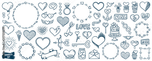 Valentines day. Hearts doodles set. Romantic stickers collection. Hand drawn effect vector. Wedding and marriage doodles. Love theme simple sketches. Hearts patch badges.