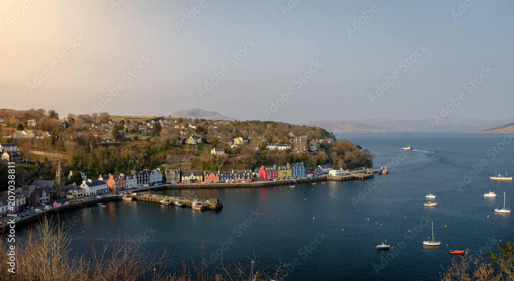 Aeial view in morning light of Tobermory Bay on the Isle of Mull.
