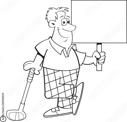 Black and white illustration of a golfer holding a sign while leaning on a golf club.