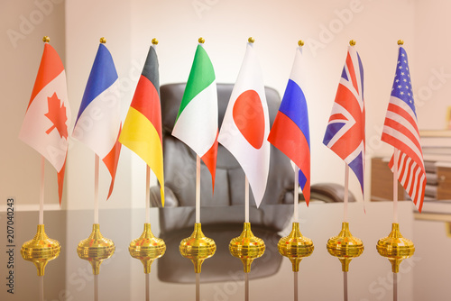 World economy, G8 economic policy and political forum concept : National flags of G8 or group of eight major highly industrialized countries i.e Canada, France, Germany, Italy, Japan, Russia, UK, USA