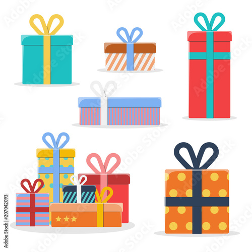 Set of different colorful gift boxes on white background