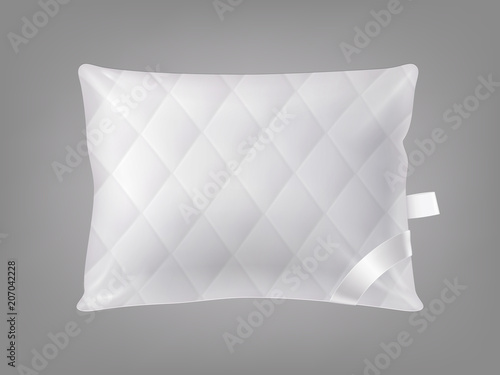 Vector 3d realistic stitched comfortable square pillow, isolated on gray background. Template, mock up of white fluffy cushion for relaxation, sleep, rest.