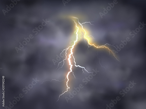 Vector realistic illustration of bright thunderbolt, lightning strike in clouds on night background. Thunderstorm with electric discharge on dark sky, bad weather, dangerous natural phenomena