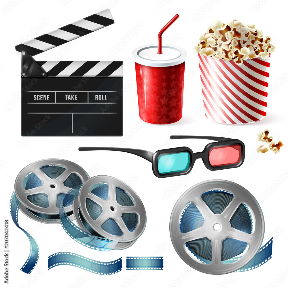 Vector realistic set of cinema equipment, cardboard bucket with popcorn,  plastic cup for drinks, reel with tape, glasses, clapperboard. Clipart with  objects of film industry isolated on background Stock Vector