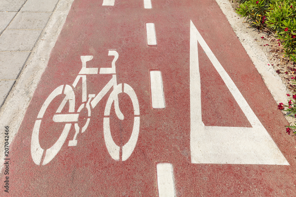 Obraz premium Bike lane. Bicycle sign and white directional arrow on red asphalt path