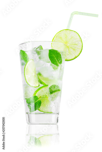 glass of cold lemonade with straw isolated on white