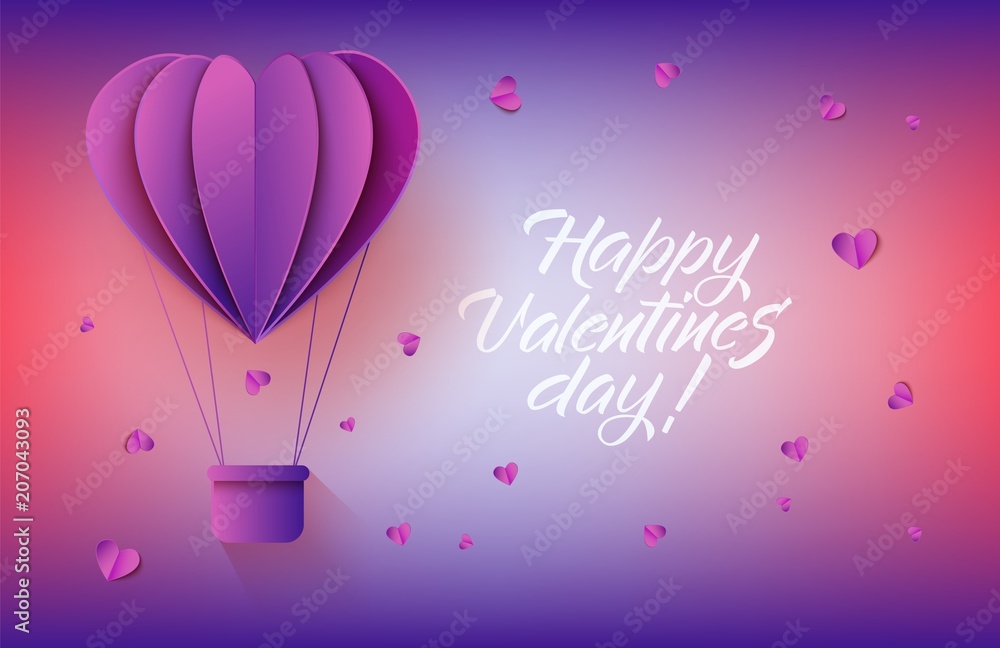 Heart shaped hot air balloon in paper art on gradient background with sign for Valentines Day greeting card - vector illustration of abstract flying aerostat and hearts made from folded paper.