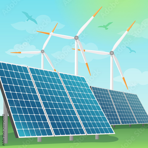 Solar batteries and windmills vector illustration. Production of eco renewable energy in nature, alternative sources of energy.