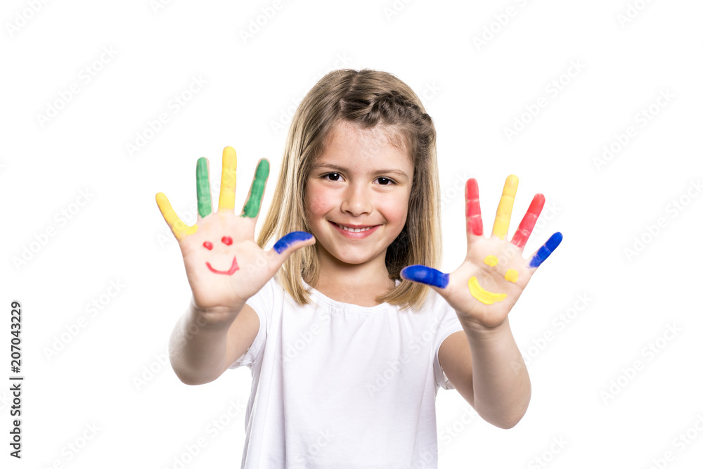 smiling girl with the palms painted by a paint. Isolated on white background smiling girl with the palms painted by a paint. Isolated on white background