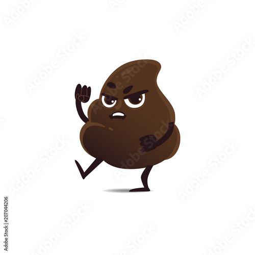 Cheerfu brown poop character with legs and arms standing with angry frustrated facial expression showing fist . Unhunny crap or shit excrement. Vector cartoon isolated illustration.