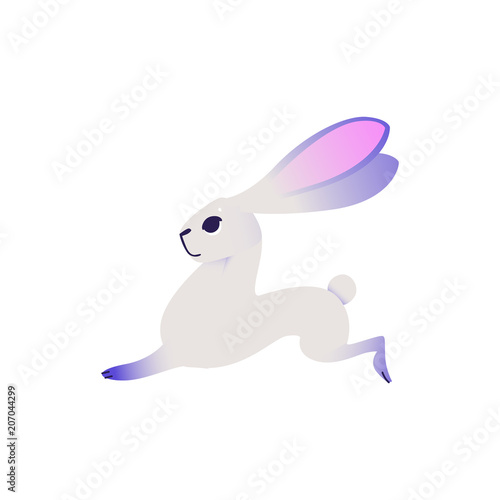 Cute rabbit with ultra violet fur running forward isolated on white background. Cartoon cute colorful fluffy bunny character in vector illustration - adorable dreamlike hare.