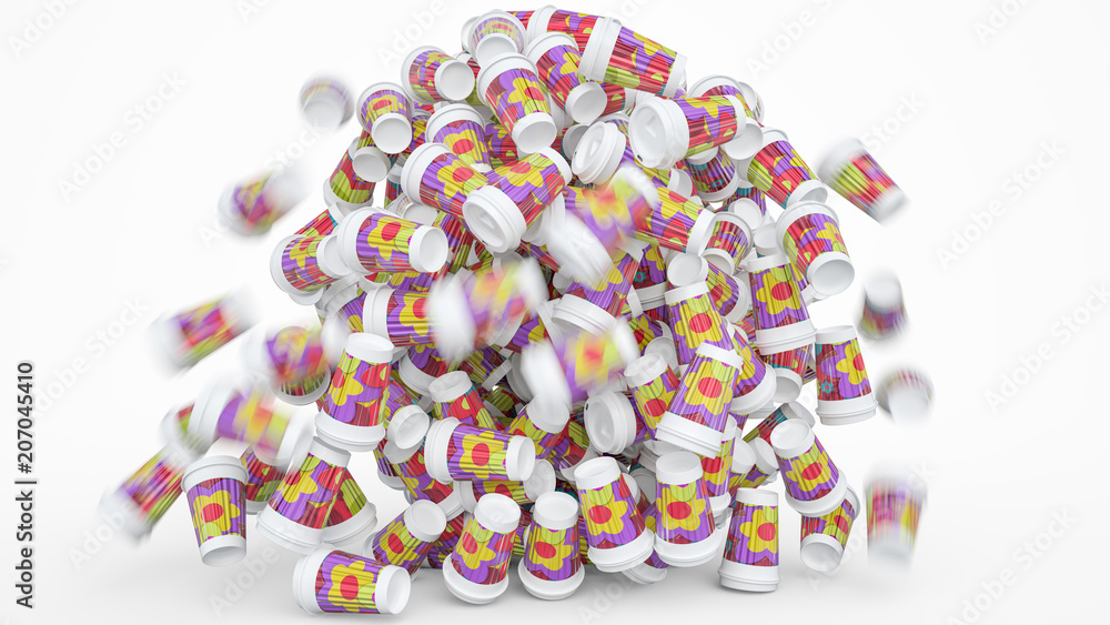 Collapsing pile of coffee to go cups - 3D Rendering Collapsing pile of coffee to go cups - 3D Rendering