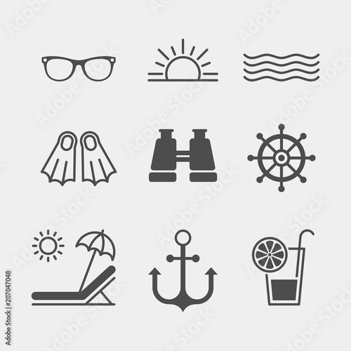 Marine flat vector icons set. Sea tour flat vector icons set