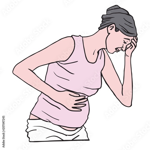 Pregnant Woman Suffering with Nausea in the Morning. Vector Illustration