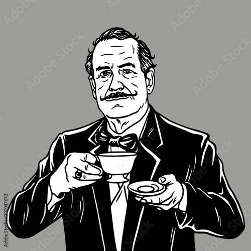 Man with Moustache Drinking Tea. Vector Vintage Retro Illustration