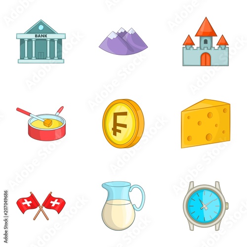 Switzerland national cultural symbols icons set. Cartoon illustration of 9 Switzerland national cultural symbols vector icons for web