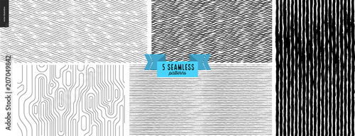 Set hand drawn black, white fabric pattern. Vector seamless pattern. Abstract background, brush strokes. Monochrome texture. Hipster graphic design. Endless vector, simple scratchy textures, stripes