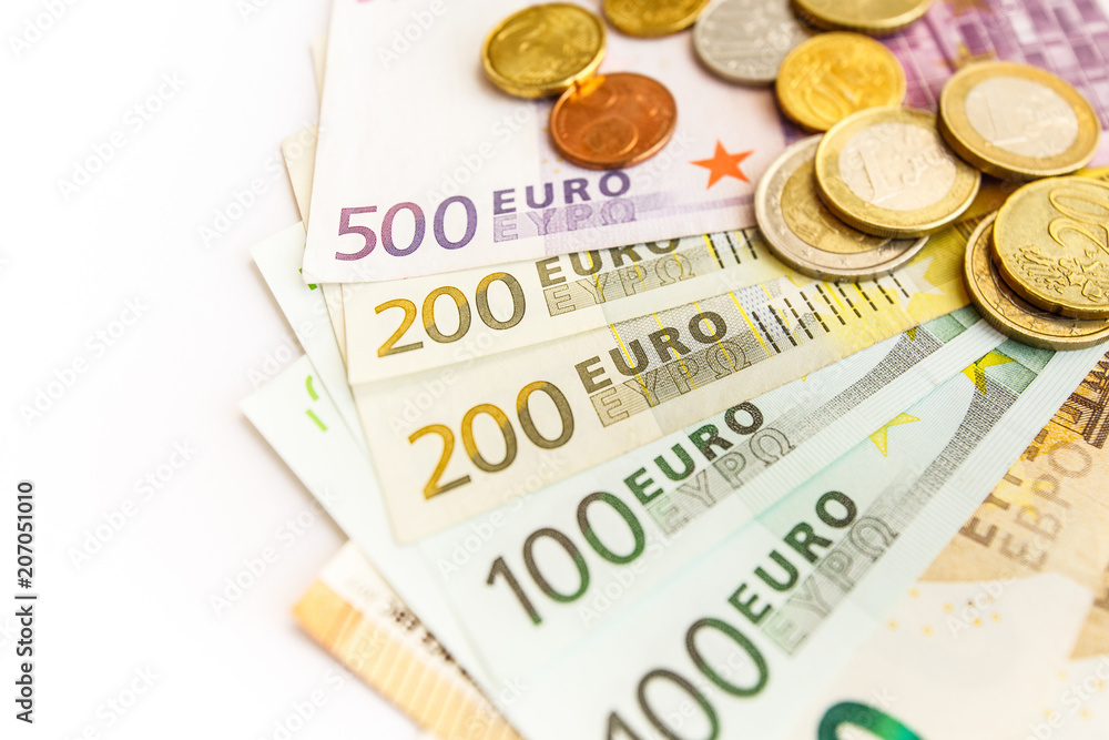 Euro money: closeup of banknotes and coins Euro money: closeup of banknotes and coins