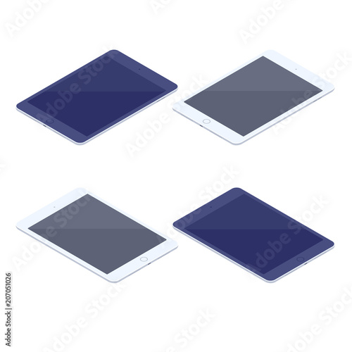 Isometric set of digital tablets isolated illustration. Technology and computing design elements. Horizontally oriented tablet pads with black and white frames vector 3d cartoon on white background.