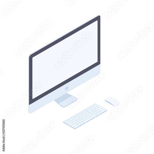 Isometric desktop computer with keyboard, mouse and blank screen in white body isolated on white background. Technology and computing design element. Vector 3d cartoon.