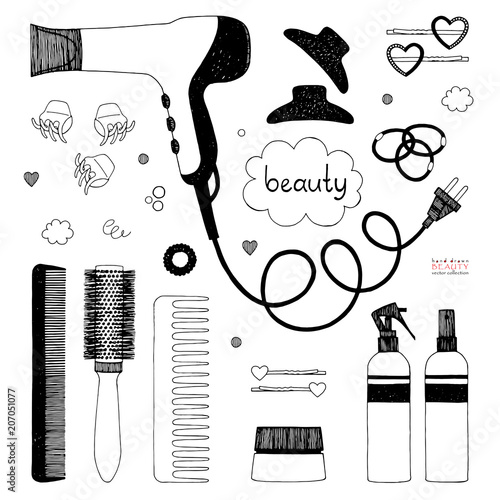 Hand drawn set of hair styling. Hair dryer, hairbrushes, sprays and scrunchy. Salon beauty care. Black sketch on white background. Vector items