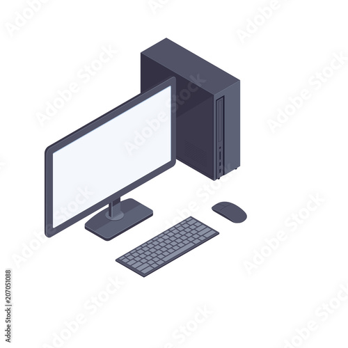 Isometric desktop computer with keyboard, mouse, system unit and blank display in black body isolated on white background