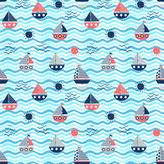 Papier peint photo Vagues de la mer patrons Bateaux rouges et soleils nautiques  © dollitude