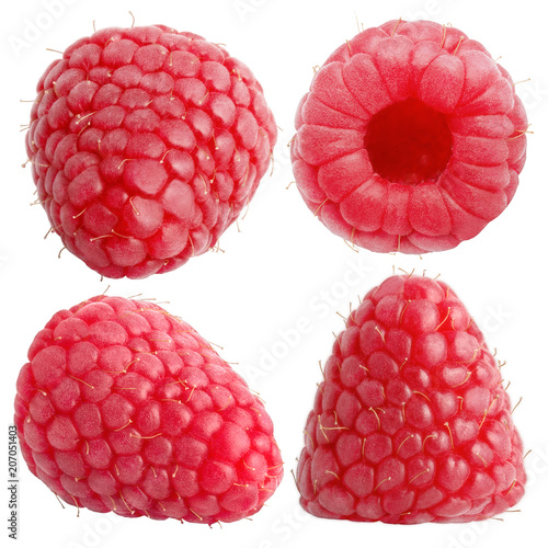  Set of four whole raspberry fruits isolated on white