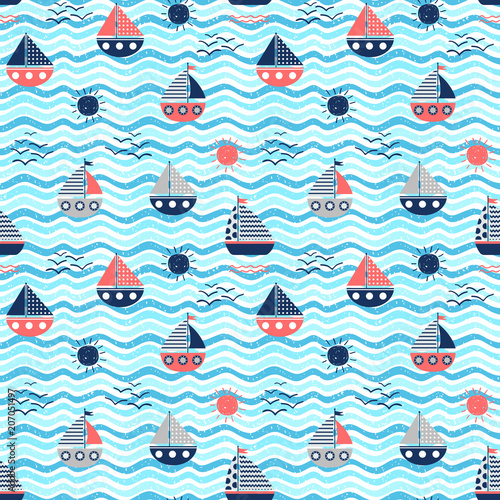 Nautical vector seamless pattern with red and blue boats, waves and suns on wavy backgrounds for summer graphic design