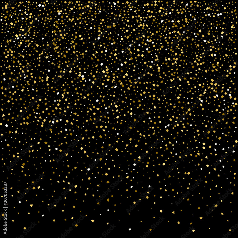 Abstract pattern of random falling gold stars on black background. Glitter pattern for banner, greeting card, Christmas and New Year card, invitation, postcard, paper packaging. Vector illustration Abstract pattern of random falling gold stars on black background. Glitter pattern for banner, greeting card, Christmas and New Year card, invitation, postcard, paper packaging. Vector illustration