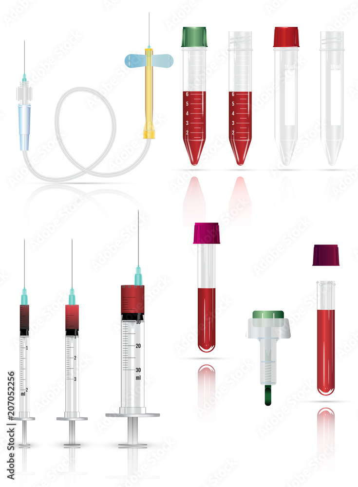 Realistic medical supplies. For blood collection set, for short term, laboratory test-tubes and syringes. Vector illustration on white background. 3d Realistic medical supplies. For blood collection set, for short term, laboratory test-tubes and syringes. Vector illustration on white background. 3d