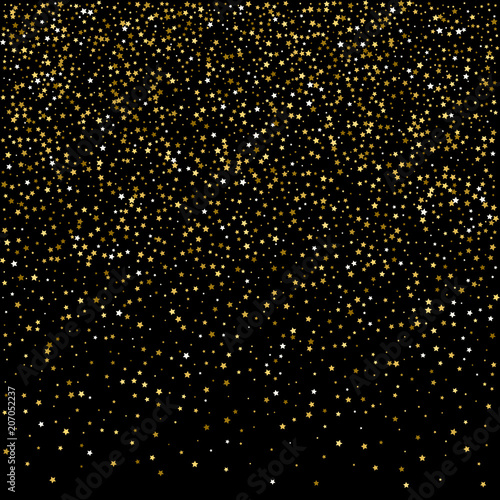 Abstract pattern of random falling gold stars on black background. Glitter pattern for banner, greeting card, Christmas and New Year card, invitation, postcard, paper packaging. Vector illustration