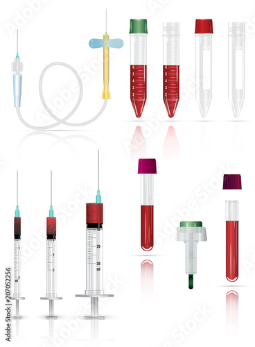 Realistic medical supplies. For blood collection set, for short term, laboratory test-tubes and syringes. Vector illustration on white background. 3d