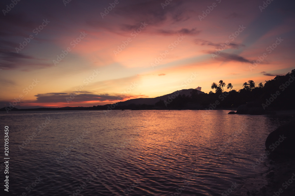 Tropical landscape beach vintage orange sunset sky  palm trees coastline 