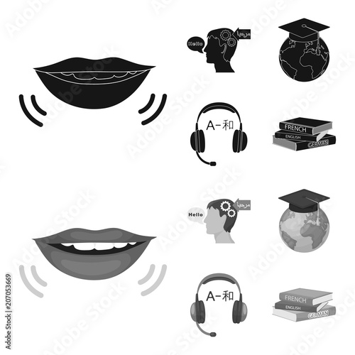 The mouth of the person speaking, the person head translating the text, the globe with the master cap, the headphones with the translation. Interpreter and translator set collection icons in black