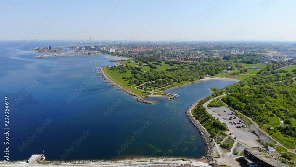 Aerial view of coastal area of Malmo, capital city of Scania, seascape of Baltic Sea - landscape of Sweden from above, Scandinavia, Europe, 4k UHD