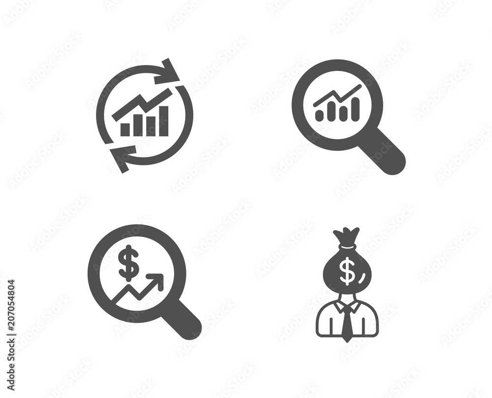 Set of Update data, Data analysis and Currency audit icons. Manager sign. Sales statistics, Magnifying glass, Money chart. Work profit. Quality design elements. Classic style. Vector Set of Update data, Data analysis and Currency audit icons. Manager sign. Sales statistics, Magnifying glass, Money chart. Work profit. Quality design elements. Classic style. Vector