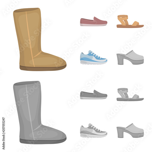 Beige ugg boots with fur, brown loafers with a white sole, sandals with a fastener, white and blue sneakers. Shoes set collection icons in cartoon,monochrome style vector symbol stock illustration web