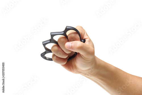 Male hand wearing a black knuckle isolated