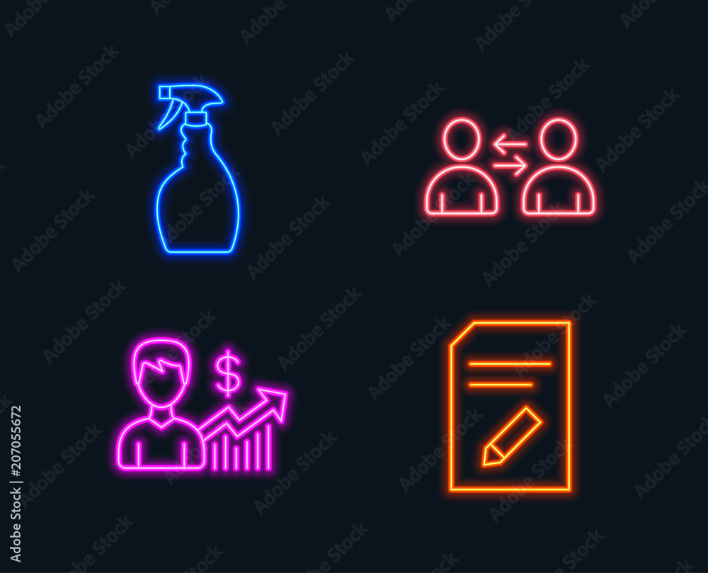 Neon lights. Set of Spray, Business growth and Communication icons. Edit document sign. Washing cleanser, Earnings results, Users talking. Page with pencil. Glowing graphic designs. Vector Neon lights. Set of Spray, Business growth and Communication icons. Edit document sign. Washing cleanser, Earnings results, Users talking. Page with pencil. Glowing graphic designs. Vector
