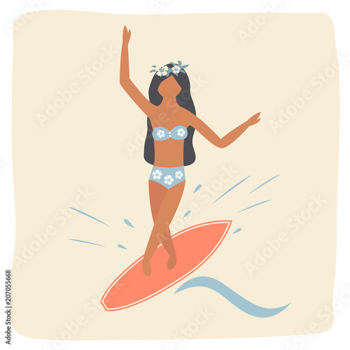 Girl surfing waves vintage poster
