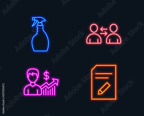 Neon lights. Set of Spray  Business growth and Communication icons. Edit document sign. Washing cleanser  Earnings results  Users talking. Page with pencil.  Glowing graphic designs. Vector