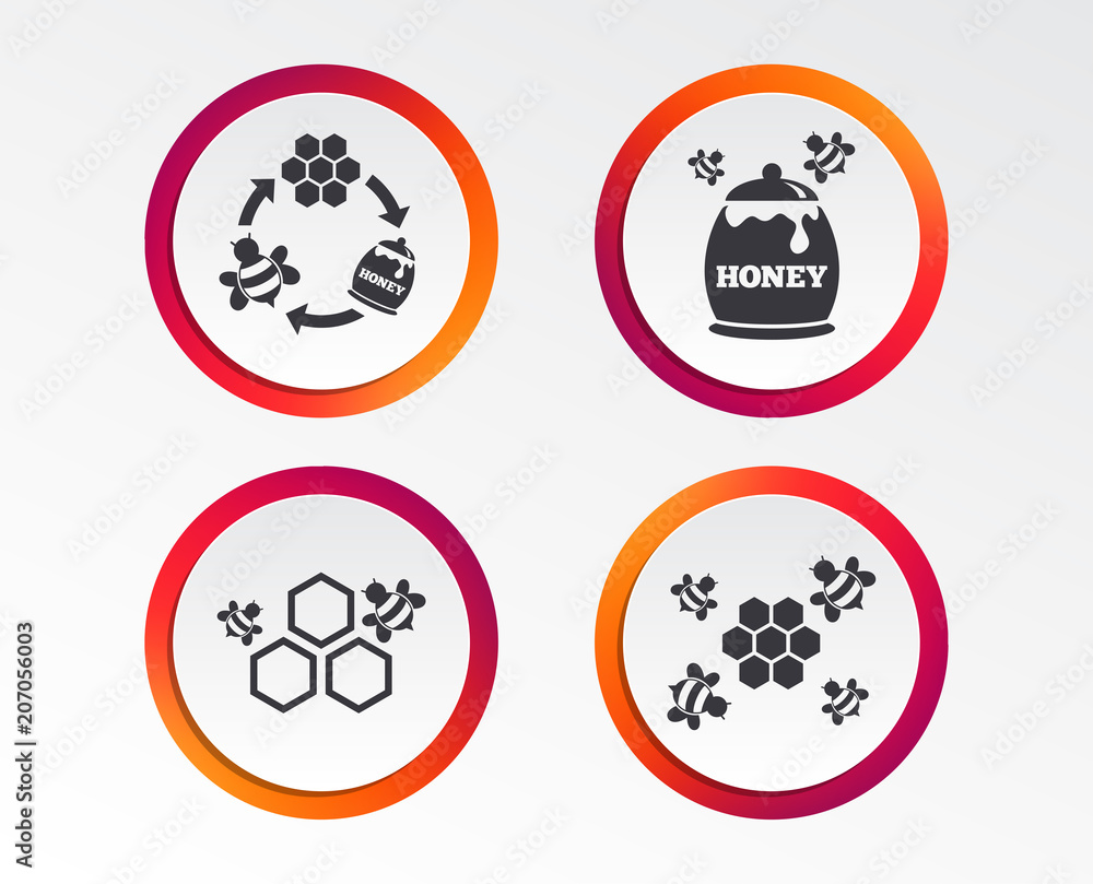 Honey icon. Honeycomb cells with bees symbol. Sweet natural food signs. Infographic design buttons. Circle templates. Vector Honey icon. Honeycomb cells with bees symbol. Sweet natural food signs. Infographic design buttons. Circle templates. Vector