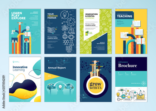 Set of brochure design templates on the subject of education, school, online learning. Vector illustrations for flyer layout, marketing material, annual report cover, presentation template.
