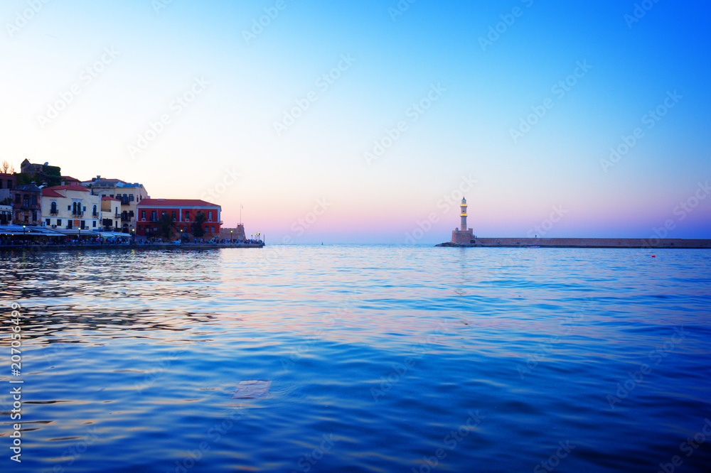 lighthouse of Chania at pink sunset, Crete