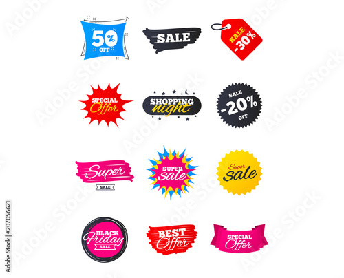Sale banners. Best offers, discounts tags. Market sale flyers or Clearance special offers. Shopping sale stars templates. Vector illustration