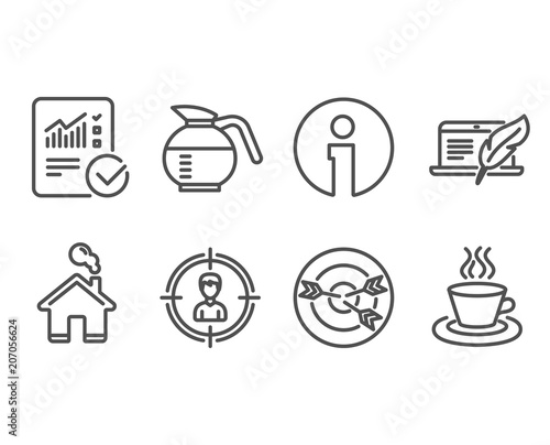 Set of Checked calculation, Coffeepot and Targeting icons. Copyright laptop, Headhunting and Tea cup signs. Statistical data, Brewed coffee, Target with arrows. Vector